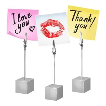 Three color notes on a metal memo holders clips. Notes on wire silver clamps Stock Illustration