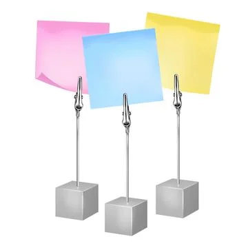 Three color notes on a metal memo holders clips. Notes on wire silver clamps Stock Illustration