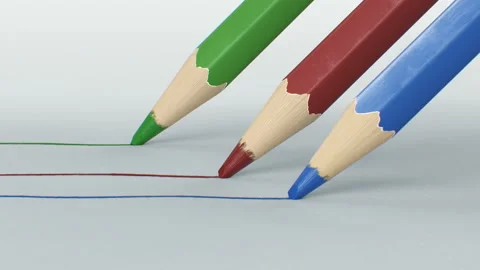 Three Color Pencils Drawing Lines on Clear Paper is Close-up. Looped 3d Stock Footage 100902849