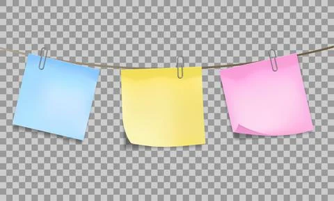 Three color sticky notes attached metal paper clips on tape Stock Illustration