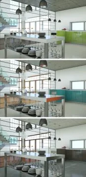 Three color variations of a modern kitchen with a beautiful design Illustrazione stock