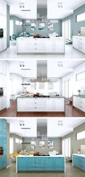 Three color variations of a modern kitchen with a beautiful design Stock Illustration