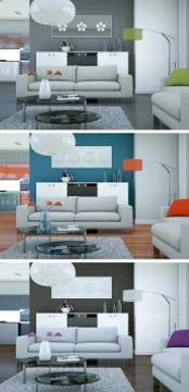 Three color variations of a modern loft interior design Stock Illustration
