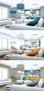 Three color variations of a modern loft interior design Stock Illustration