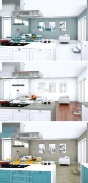 Three color variations of a modern loft interior design Stock Illustration