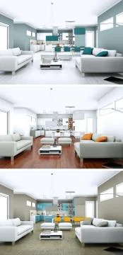 Three color variations of a modern loft interior design Stock Illustration