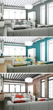 Three color variations of a modern loft interior design Stock Illustration