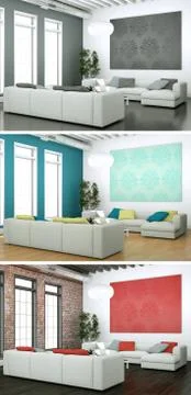 Three color variations of a modern loft interior design Stock Illustration