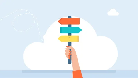 Three colored arrows indicate direction. Woman holds a direction indicator Stock-Footage 330990148