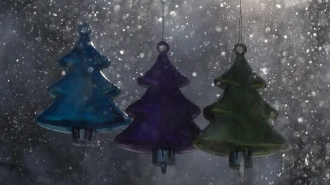 Three colored Christmas tree decorative fir-trees, waving in slow motion Video stock 87872410