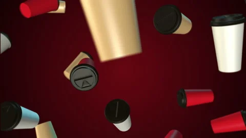 Three colored coffee cups background. 3d abstract render with bright light and s Stock Footage 157624416