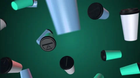 Three colored coffee cups background. 3d abstract render with bright light and s Stock Footage 157625976