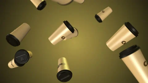 Three colored coffee cups background. 3d abstract render with bright light and s Video stock 157627636