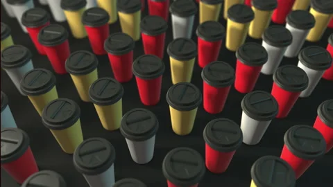 Three colored coffee cups background. 3d abstract render with bright light and s Stock Footage 157638335
