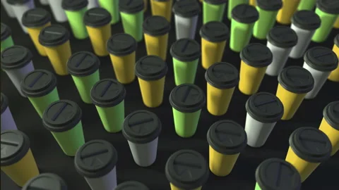 Three colored coffee cups background. 3d abstract render with bright light and s Stock Footage 157638869