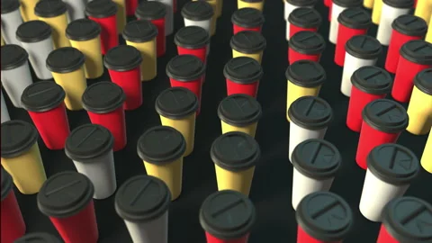 Three colored coffee cups background. 3d abstract render with bright light and s Stock Footage 157639799