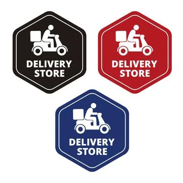 Three colored delivery store signs with icons on a white background 库存插图