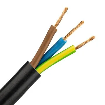 Three colored electrical wires with copper strands exposed Foto stock