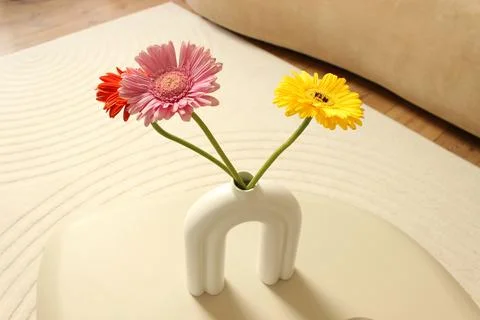 Three colored gerbera flowers in a vase on a table as part of a beige room Stock Photos