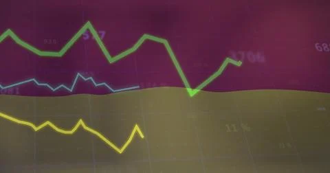 Three colored line graphs fluctuating on dashboard grid, with numeric labels and Stock Illustration