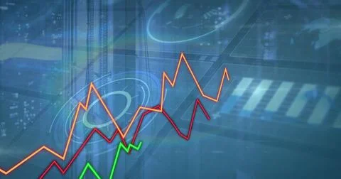 Three colored line graphs plotting data trends in virtual dashboard, with HUD Foto stock
