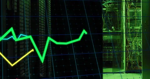 Three colored lines appearing at 3D grid and scrolling inward visualizing Stock Footage 311083610