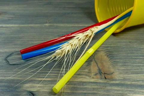 Three colored plastic straw with ear of wheat Stock Photos