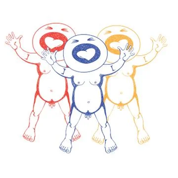 Three colored screaming naked men. Hand drawn vector silhouette illustration. Stock Illustration