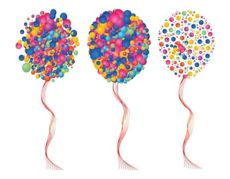 Three Colorful Balloon Compositions with Red Ribbons Stock Illustration