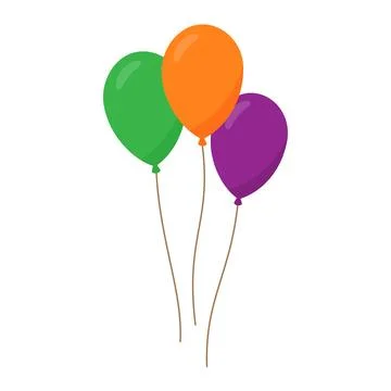 Three colorful balloons with strings isolated on white background. Flat vector Stock Illustration