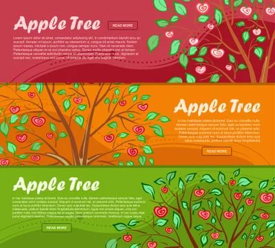 Three colorful banners with apple tree and place for your advertisement. Vect Illustrazione stock