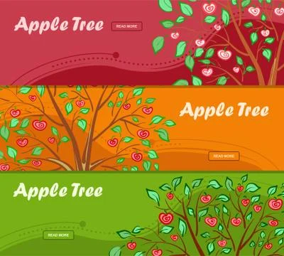 Three colorful banners with apple tree and place for your advertisement. Illustrazione stock