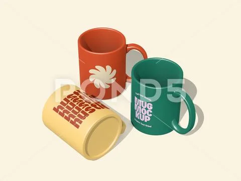 Three Colorful Ceramic Mug Mockup PSD Template