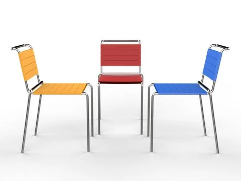 Three colorful chairs - front view - 3D render Stock Illustration
