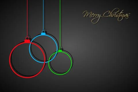 Three colorful christmas balls with strings on black background, holiday card Stock Illustration