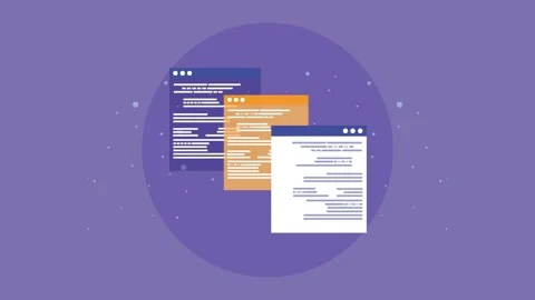 Three colorful code windows appear on screen showing programming code on a .. Stock Footage 333721841
