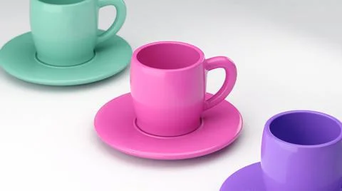 Three colorful coffee cups studio shot, 3d illustration Stock Illustration