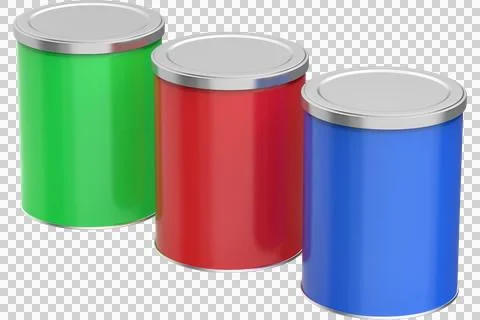 Three colorful cylindrical containers with silver lids arranged in a row Stock Illustration