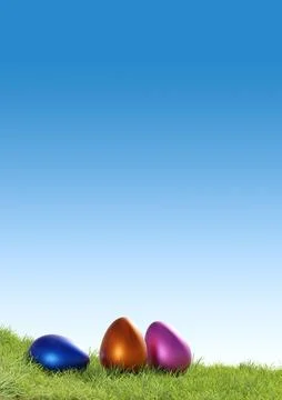 Three colorful Easter eggs on a grass background using as seasonal backdrop Stockillustratie