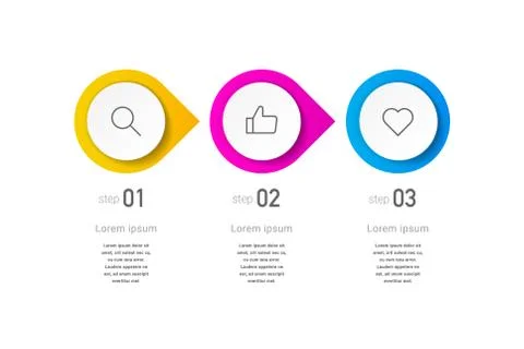 Three colorful elements, thin line pictograms, pointers and text. Stock Illustration