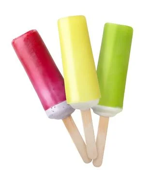 Three colorful fruit popsicles close-up on a white. Isolated Stock Photos