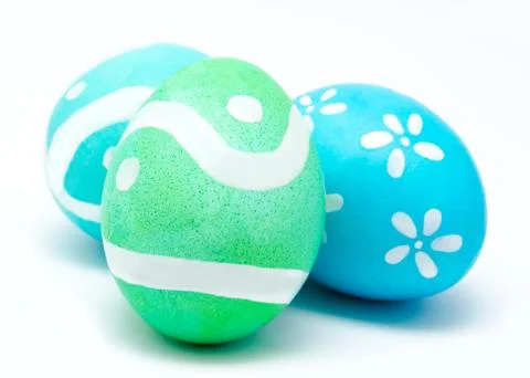 Three colorful handmade easter eggs isolated Stock Photos
