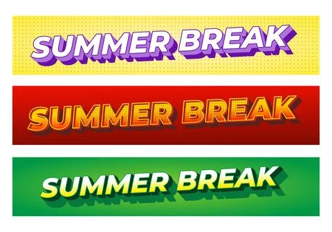 Three colorful rectangular banners with bold 3D text reading summer break i.. イラスト素材