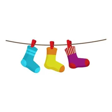 Three colorful socks are drying on a clothesline Stock Illustration