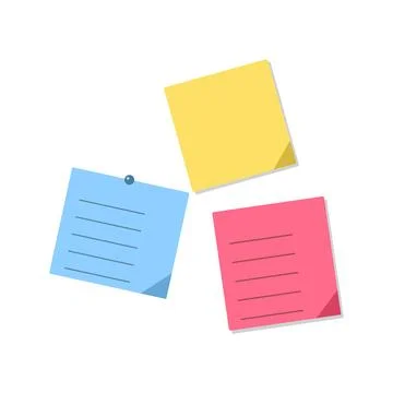 Three colorful sticky notes, yellow, blue, and pink, with lines and pins, i.. Stock Illustration