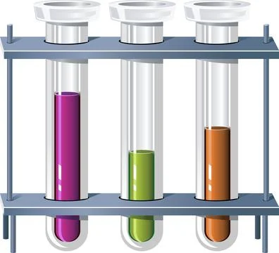 Three colorful test tubes filled with liquid in a laboratory rack, science Stock Illustration