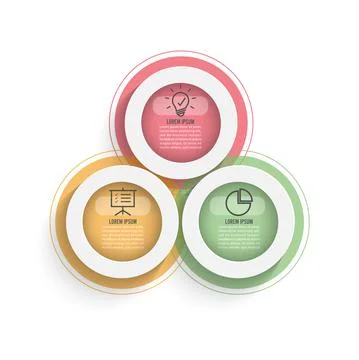 Three colorful translucent overlapping circles with thin line pictograms insi Stock Illustration