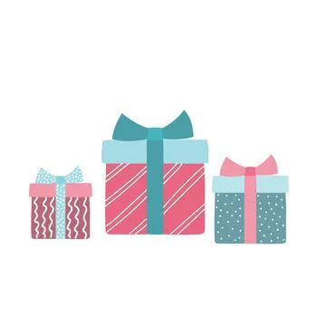 Three colorful vector gift box isolated on an off-white background Stock Illustration