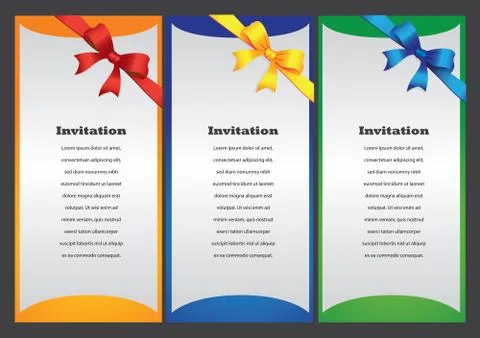 Three colorful vertical invitation card with ribbon decoration Stock Illustration