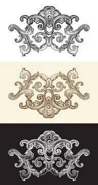Three colors baroque hand drawing design elements vector illustration Stock Illustration